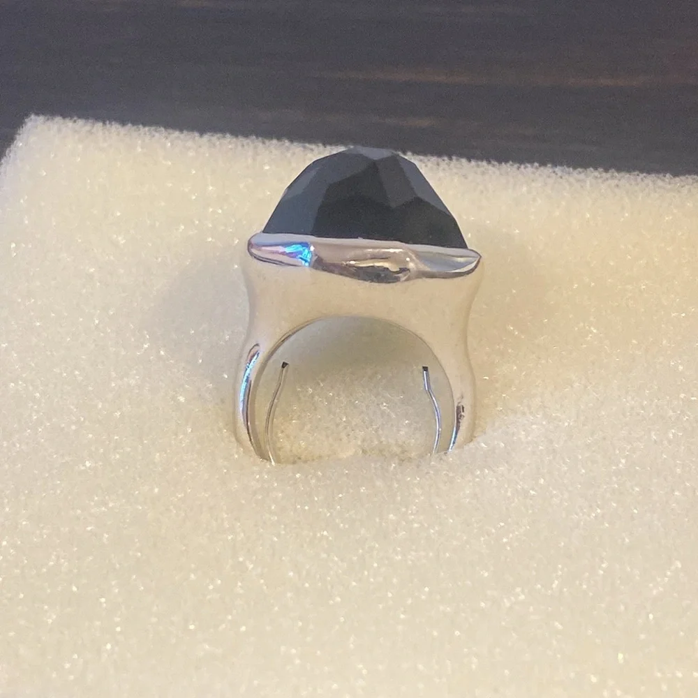 Stella and Dot Nouvelle Cocktail Ring Black Silver Adjustable Retired - Picture 9 of 9